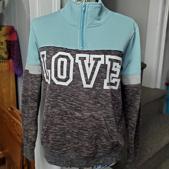 TEAL, WHITE, & BLACK & BROWN BLENDED PULLOVER "LOVE" 1/4 ZIP PULLOVER SWEATSHIRT - Picture 4 of 15